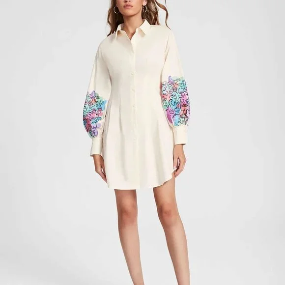 Beige Casual Womens Graphic Lantern Sleeve Fold Pleated Shirt Dress - Picture 3 of 5